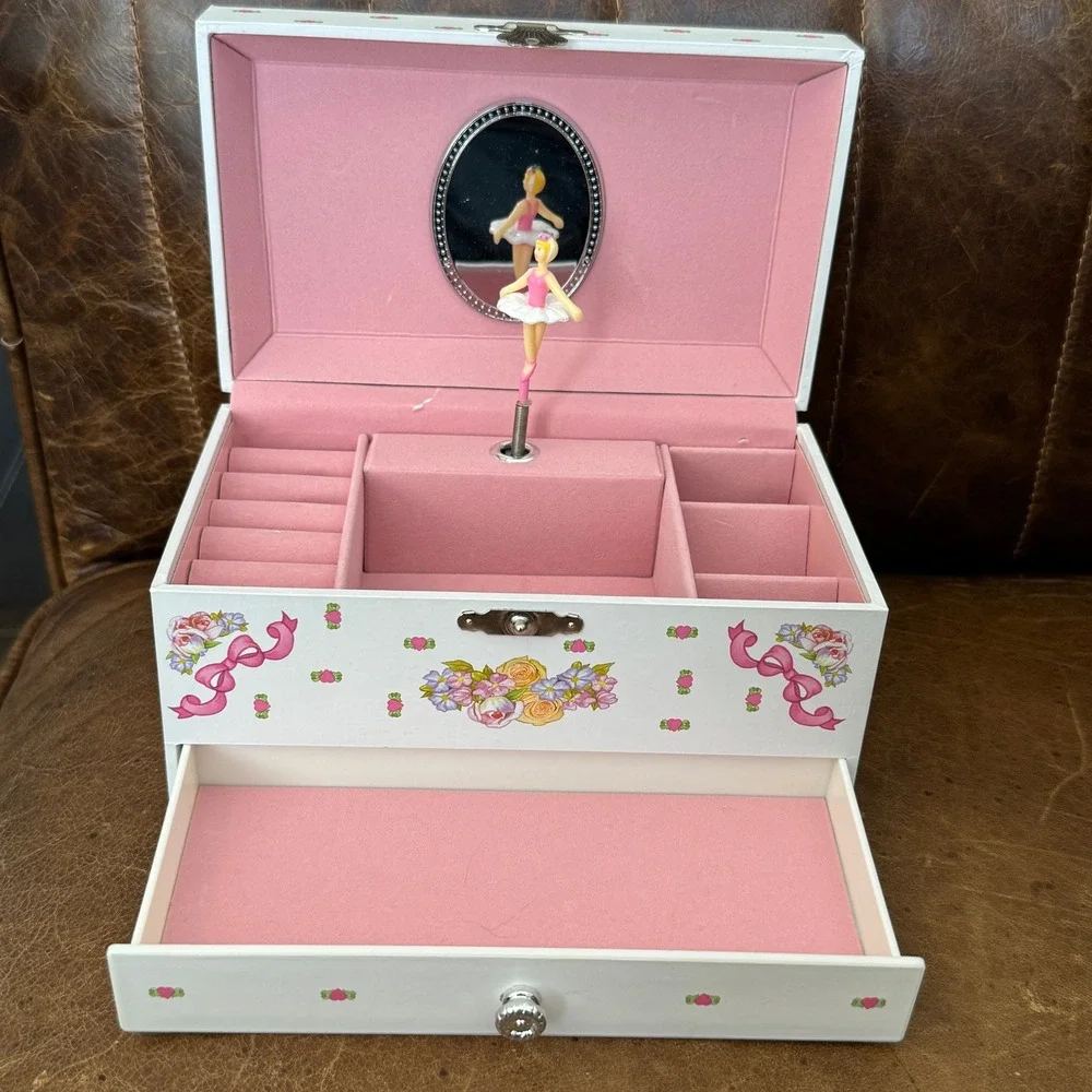 Ballerina Musical Jewelry Box White Pink Floral Vintage Style with Drawer Mirror